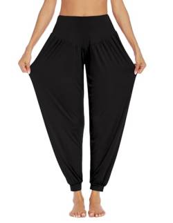 PINSPARK Haremshose Damen Yoga Hose V Bund Pluderhose Sporthose Curvy Jogginghose Lang Freizeithose Sommer Yogahose Frauen Schwarz XXL von PINSPARK