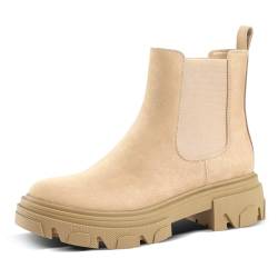 PIZZ ANNU Chelsea Boots Damen Classic Stiefeletten mit Dicker Sohle Elegant Biker Boots Plateau Basic Stiefel EU 38 Beige von PIZZ ANNU