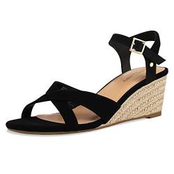 PIZZ ANNU Sandalen Damen Sandaletten Espadrilles mit Keilabsatz Keilsandalen Plateau Espandrillos Sommer Frauen Schuhe Sommerschuhe Schwarz 39 EU Schmal von PIZZ ANNU