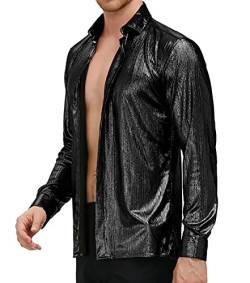 PJ PAUL JONES Herren 70er Jahre Disco Shirts Luxus Metallic Pailletten Button Down Langarm Party Shirt Nachtclub Kostüm Tops, Schwarz, Mittel von PJ PAUL JONES