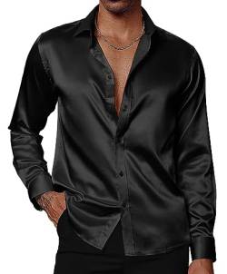 PJ PAUL JONES Herren Glänzende Satin Kleid Shirts Langarm Button Down Seide Hemd mit Fliege, Schwarz, XL von PJ PAUL JONES