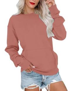 PLOKNRD Damen Sweatshirt Basic Langarmshirt Rundhals Vielseitige Pulli Herbst Winter mit Taschen(Orange Rosa,M) von PLOKNRD