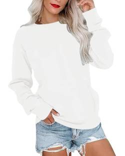 PLOKNRD Damen Sweatshirt Basic Langarmshirt Rundhals Vielseitige Pulli Herbst Winter mit Taschen(Weiß,XL) von PLOKNRD