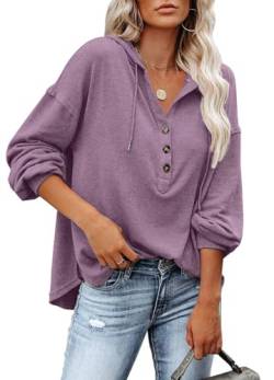 PLOKNRD Kapuzenpullover Damen Langarm Knöpfen Pullover mit Kordelzug Freizeit V-Ausschnitt Hooded Henley Sweatshirt Klassisch(Mauve, S) von PLOKNRD