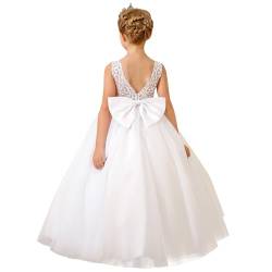 PLWEDDING Elegante Spitze Stickerei Blumenmädchen Kleid für Hochzeit Kinder V-Rücken Ballkleid mit Schleife (4,Weiß) von PLWEDDING