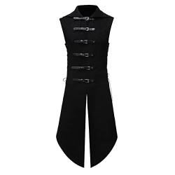 PMUAFG Halloween Kostüm Mittelalter Kleidung Herren Uniform Stehkragen ärmellos Leder Knopf Seite Riemen Einziehbare Top Jacke Steampunk Frack Für Wikinger Piraten Hexe Ritter Renaissance Kostüm von PMUAFG