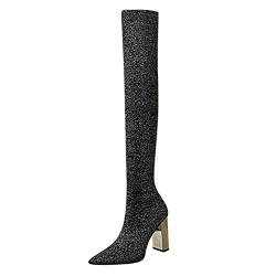 PMUYBHF Damen Overknees Stiefel Retro-Stretch-Stiefel mit Runden Zehen Dickem Absatz von PMUYBHF