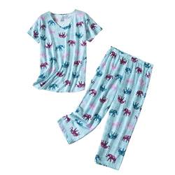 Damen-Pyjama-Set, Nachtwäsche, Oberteil mit Caprihose, legere und lustige Drucke, Pyjama-Sets - Blau - XXX-Large von PNAEONG