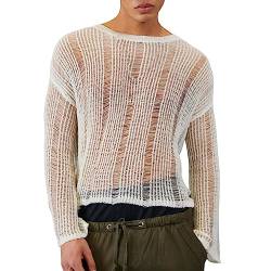 Gestrickt Langarmshirts Herren Sexy Pullover Netz Strickshirts Halbdurchsichtig Männer Clubwear Rundkragen Muskelshirts Langarm T-Shirts von PODOLIXIA