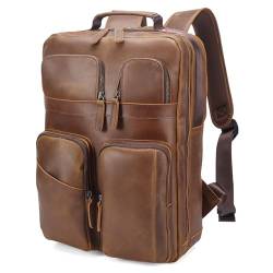 Polare 17,3 Zoll Vollnarbenleder Rucksack für Damen und Herren Multi Taschen Business Reise Laptop Rucksack, Helles Braun, Large, Reiserucksäcke von POLARE ORIGINAL