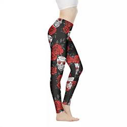 POLERO Blumen-Leggings für Damen, Schmetterling, Yogahose, volle Länge, lässige Strumpfhose für Workout, Totenkopf und rote Rosen, XS von POLERO