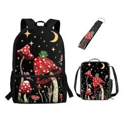 POLERO Cartoon-Rucksack für Kinder, Büchertasche mit Lunchbox, für Jungen und Mädchen, Vorschule, Schultasche, Pilzfrosch, Mond, Sterne, Einheitsgröße, Schulranzen-Set von POLERO