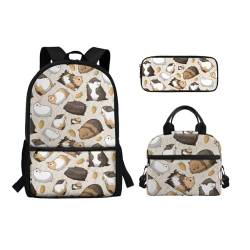 POLERO Kinder-Büchertasche und Lunchbox mit Federmäppchen für Mädchen und Jungen, Schulrucksäcke, 3-teiliges Set, Meerschweinchen, Einheitsgröße, Schulranzen-Set von POLERO