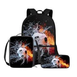 POLERO Niedlicher Rucksack mit Lunch-Tasche, Federmäppchen für Mädchen, Jungen, Schule, Kinder, Grundschule, Vorschule, Büchertaschen, Fußball Wasserfeuer, Einheitsgröße, Schulranzen-Set von POLERO