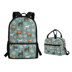 POLERO Niedlicher Rucksack mit Lunchbox, Schultaschen für Kinder, Mädchen, lässiger Tagesrucksack, leichte Büchertasche für Jungen, Pferde und Blumen, Einheitsgröße, Schulranzen-Set von POLERO