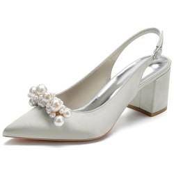 POLGDW Damen Perlweiße Hochzeitsschuhe für Braut mit Schnallen, Hochhackige Spitz zulaufige Brautschuhe aus Satin für Ball, Party und Kleid - Sandalen,Silber,40 von POLGDW