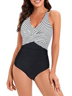 PONCEAU Badeanzug für Damen, Bauchkontrolle, einteiliger Badeanzug für Damen, Schwarz-weiße Streifen, L von PONCEAU