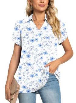 POPYOUNG Chiffon-Bluse, Business-Tunika, Blütenblatt, kurzärmelig, Bürohemden, 7-blue Cherry Fl, X-Large von POPYOUNG