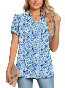 POPYOUNG Chiffon-Bluse, Business-Tunika, Blütenblatt, kurzärmelig, Bürohemden, Blaue Blume mit 7 Tinten, Large von POPYOUNG