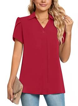 POPYOUNG Damen 2023 Sommer Kragen V Ausschnitt Chiffon Bluse Business Tunika Blütenblatt Kurzarm Shirt Elegant Arbeit Tops, 7 - Rot, Large von POPYOUNG