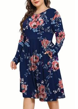 POSESHE Damen Plus Size Kleider Lange Ärmel Rundhalsausschnitt Freizeitkleider Empire-Taille Lose Flowy Kleid mit Taschen, Marineblau/Blumenmuster, Large Mehr von POSESHE