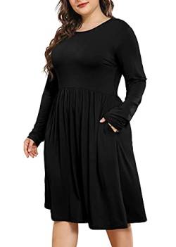 POSESHE Damen Übergröße Kleider Lange Ärmel Rundhals Freizeitkleider Empire Taille Lose Flowy Kleid mit Taschen, C1-Black, XXL Große Größen von POSESHE