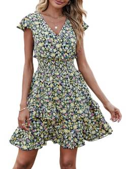 PRETTYGARDEN Damen-Sommerkleid, Boho-Stil, V-Ausschnitt, Blumendruck, Rüschenärmel, mehrlagiges Minikleid, niedlich, gesmokte Taille, kurzes Kleid, Schwarz, Groß von PRETTYGARDEN