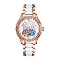 PRINCE GERA Damen Armbanduhr Automatikuhr für Damen Lotusblumen Skelett Diamant Damen armbanduhren aus Edelstahl Keramikband (Roségold) von PRINCE GERA