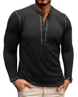 Herren Henley Langarm T-Shirts Baumwolle Casual Mode Plain Shirt Tops Black von PRIVIMIX