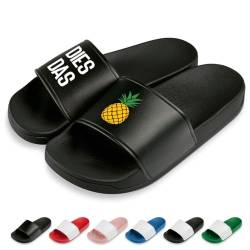 Dies Das Ananas | Slipper | Badelatschen | Hausschuhe | Pantoletten | Unisex | Urlaub | Malle | Geschenkidee | rutschfest | Schwarz | Größe 38 von Prozente Momente