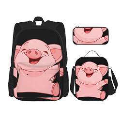 Pink Pig Dreiteiliges Rucksack-Set, Taschenrucksack Cross-Body Lunchtasche Stifttasche Set Jungen und Mädchen Schultasche, Schwarz, Einheitsgröße, Schwarz , Einheitsgröße von PSVOD