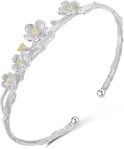 PUJIANA Armreif mit Verstellbarer Kette, Armreif aus Sterlingsilber, 925er Silberarmband for Damen, Verstellbarer Armreif, handgeschnitzte Blumenarmbänder von PUJIANA