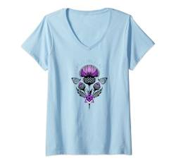 Damen Distel mit Schmetterling Triquetra Symbol mit Mutterknoten T-Shirt mit V-Ausschnitt von Distel Lover von Christine Krahl