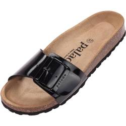 Palado Damen Pantoletten Malta EGS Lack - Made in EU - Sandalen mit Natur Kork-Fussbett - mit Sohle aus feinstem Veloursleder Schwarz UK5,5 - EU38 von Palado