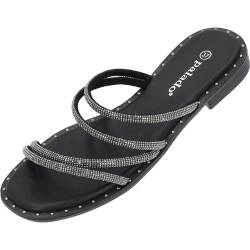 Palado Damen Pantoletten Celleri - bequeme Sandalen mit Metallic Optik - Hausschuhe für Frauen - flache Sommerschuhe Schwarz UK7 - EU40 von Palado