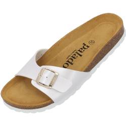 Palado Damen Pantoletten Malta - extra bequeme Sandalen - modische Hausschuhe mit Natur Kork - Made in EU - Sandaletten mit Sohle aus feinstem natur Leder Metallic Weiss Gold 41 EU von Palado