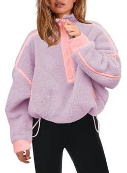 Panadila Damen-Pullover mit halbem Reißverschluss, Sherpa-Fleece, weich, übergroß, Sweatshirt mit Taschen, warm, flauschiger Pullover, Taro Violett, S von Panadila