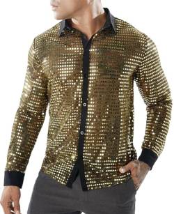 Herren 70er Metallic Hemden Langarm Casual Button Down Disco Kostüm Glänzend Turndown Polo T-Shirt Slim Fit Hip Hop Kleid Hemd Gold von Panegy