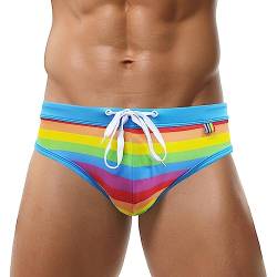 Herren Badehose mit lustigem Muster Sommer Bikini Hose mit abnehmbarem Pad Regenbogen Streifen Sport Badehose Tanga Shorts elastisch Low Rise Kordelzug Strand Badehose Regenbogen XL von Panegy