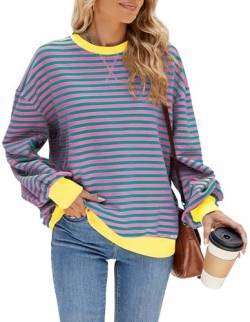 Panegy Frauen Sweatshirt Casual Loose Fit Crew Neck Y2K Pullover Tops Ladies Fashion Color Block Shirts Striped Oversized Long Sleeve Pullover Grün-Pink M von Panegy