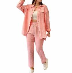 PanpanBox Damen Langarmhemd und Freizeithosen Anzug Locker Stil Einfarbig Herbst Hemdbluse Frauen Elegant Chinohose (S, PINK) von PanpanBox