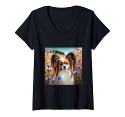 Damen Papillon Hunde-Shirt, kontinental, Spielzeug Spaniel Doggie Pap Mom T-Shirt mit V-Ausschnitt von Papillon Gifts and Doggie Shirts