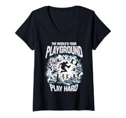 Damen Parkour The World's Your Playground Play Hard T-Shirt mit V-Ausschnitt von Parcouring Klettern Traceur