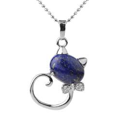 ParfCO Bergkristall Kette, Lapislazuli-Halskette mit Heilkristall-Anhänger für Frauen, Süße Katzen-Halskette mit Schleife Aus Zirkonia, Tier-Amulett-Anhänger, Halsketten, Schmuck, Geschenke, Si von ParfCO