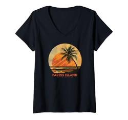 Damen Parris Island South Carolina SC Beach Vacation Palmen T-Shirt mit V-Ausschnitt von Parris Island South Carolina Vintage Surf Apparel