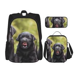 PartyUnix Rucksack Labrador Retriever Hund Drucke 3-teilig Schulranzen mit Brotdose und Federmäppchen Set - Geeignet für Jungen und Mädchen, Schwarz , Einheitsgröße, Kinderrucksack von PartyUnix