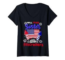 Damen Lustiger 4. Juli Will Trade Sister for Firecrackers Boys T-Shirt mit V-Ausschnitt von Patriotic American Family 4th of July Apparel