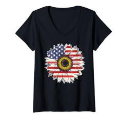 Damen Damen Casual Blume Amerikanische Flagge Sterne und Streifen Grafik T-Shirt mit V-Ausschnitt von Patriotic USA Flag American Independence Day Gift