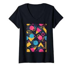 Damen Retro 80er Jahre Stil Vintage Muster Kunst T-Shirt mit V-Ausschnitt von Pattern Art Fun Vintage Shapes