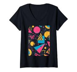 Damen Vintage 80er Jahre Stil Retro Muster Kunst T-Shirt mit V-Ausschnitt von Pattern Art Fun Vintage Shapes